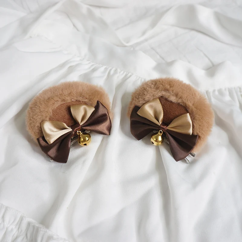 

Handmade Cute Plush Bear Ears Headdress Bow Bell Hair Clip Hairpin Lolita Hair Accessories a Pair of Hairclips