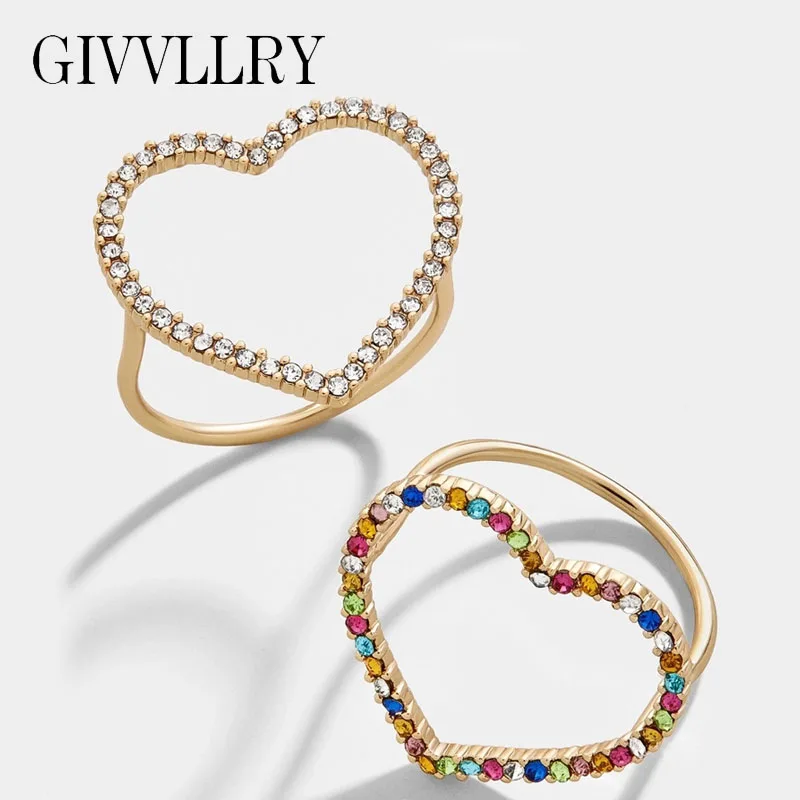 

Rainbow Rhinestones Heart Rings for Women Vintage Baroque White Crystal Hollow Geometric Midi Rings Engagement Statement Jewelry