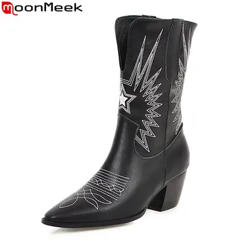 

MoonMeek 2020 winter new arrive hot sale soft leather women boots thick high heels pointed toe black white fashion ankle boots