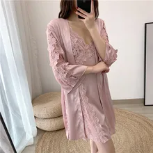 

Spring And Summer Fashion Leisure Home Clothes Two-piece Set Of Simple Satin Chiffon Women's Nightgown Comfortable Sexy
