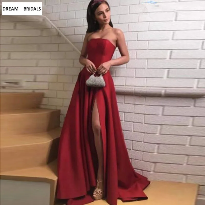 Wine Red Floor Length Evening Dresses Sexy High Split Strapless Prom Dresses Long vestidos 2019 Hot