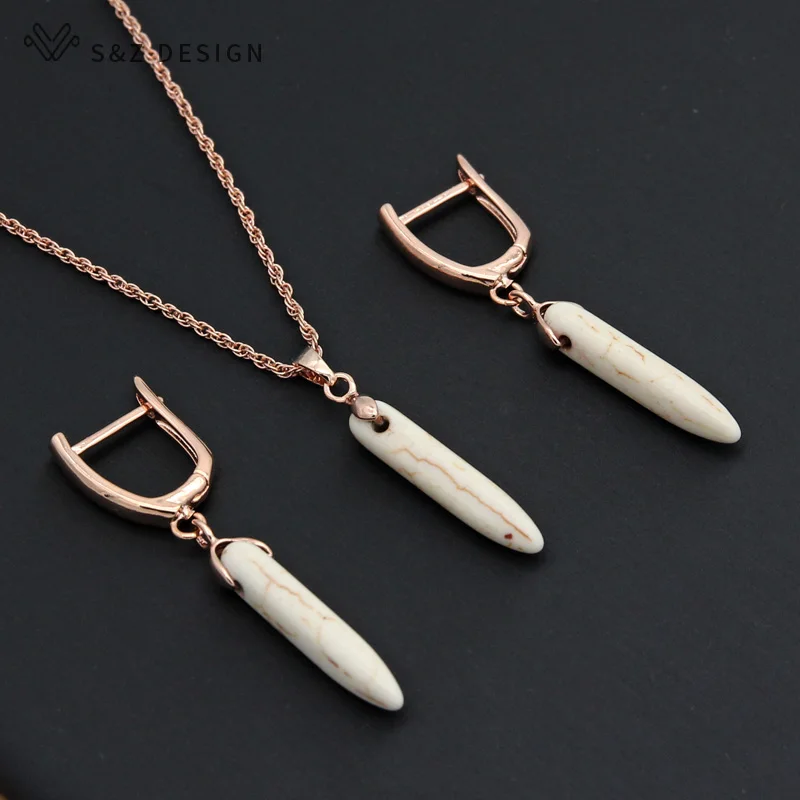 S&Z DESIGN New Fashion Vintage Synthetic Turquoises Dangle Earrings Jewelry Sets For Women 585 Rose Gold Color Party Necklace