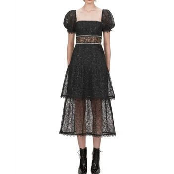

Midi Dress Fall 2019 Ladies Black Puff Sleeve Lace Dresses