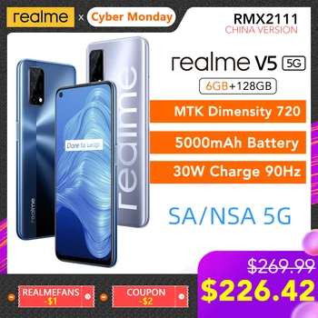 Перейти на Алиэкспресс и купить Realme V5 5G 6 ГБ ОЗУ 128 Гб ПЗУ Helio 720 90 Гц Дисплей 30 Вт флэш-зарядка 5000 мАч 48мп камера Поддержка многоязычного воспроизведения