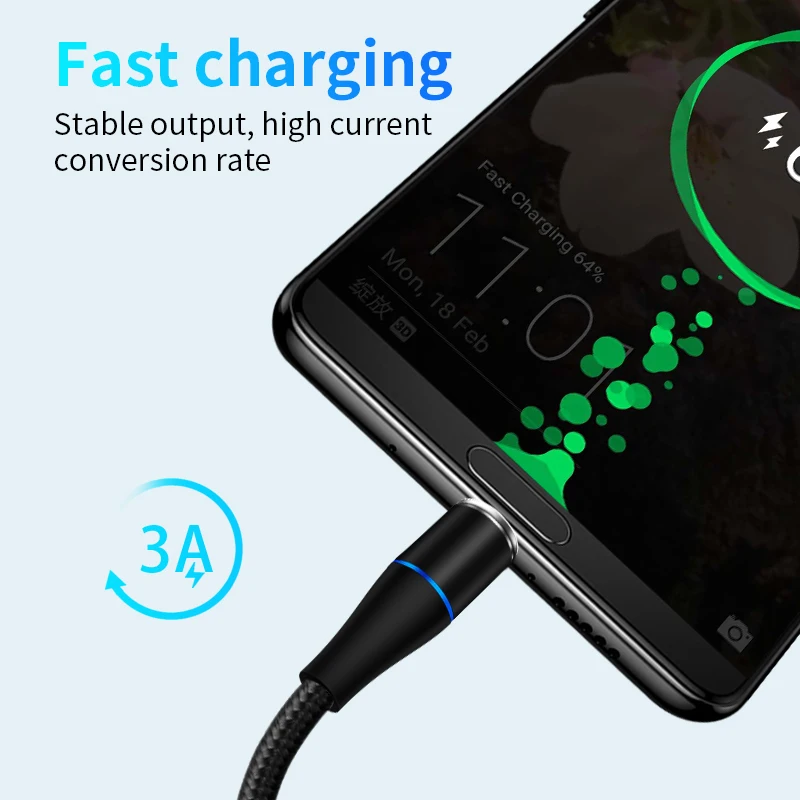 Магнитный кабель 3A Быстрая зарядка USB для IPhone X Huawei P30 Xiaomi Samsung Micro C Type зарядный 3