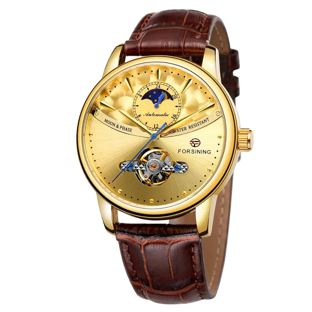 Forsining Tourbillon синие автоматические часы мужские классические Moonphase Дизайн Натуральная кожа Ремешок Водонепроницаемый Бизнес наручные часы подарок - Цвет: BROWN GOLD