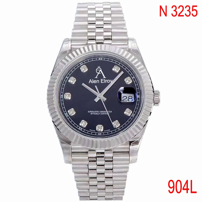 904L luxury Silver Date-just- Mechanical Watch 1:1 Men Diamonds numbers sapphire glass black dial watch NOOB ETA 3235 AAA+ afbeelding