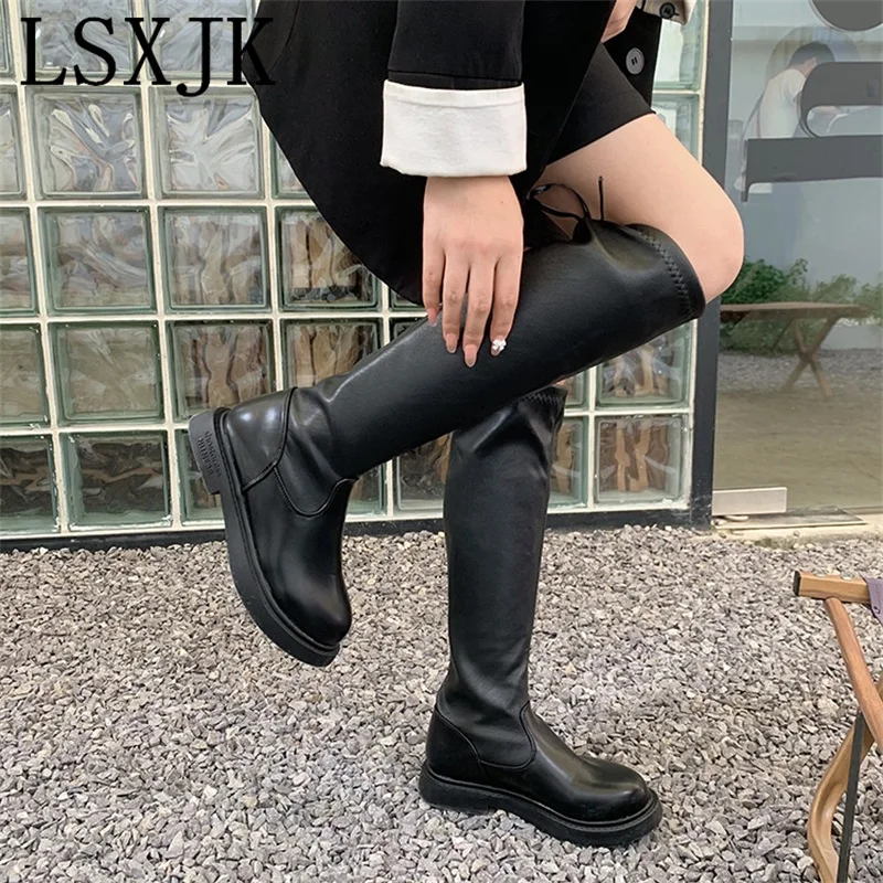 

LSXJK 2021 New Simple And Versatile Back Lace-Up Boots Female But Knee-Length Black Retro Fashion Long Boots