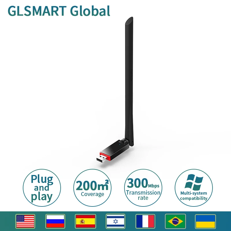 Беспроводной сетевой адаптер GLSMART GLU6 с высоким коэффициентом усиления 300 Мбит/с