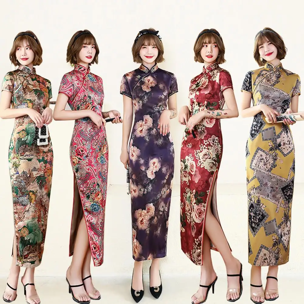 

Women Cheongsam Floral Print Slim Short Sleeve Splits Midi Dress for Party Vintage Improved Cheongsam Short Sleeve Dress Female