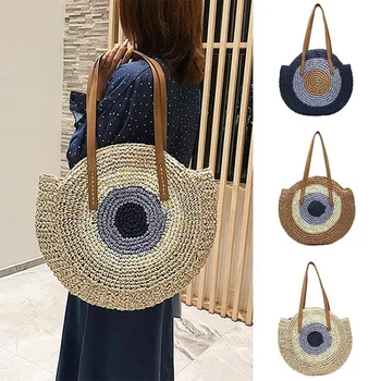 

Round Straw Beach Bag Vintage Handmade Woven Shoulder Bag Raffia Circle Rattan Bags Bohemian Summer Vacation Casual Bags