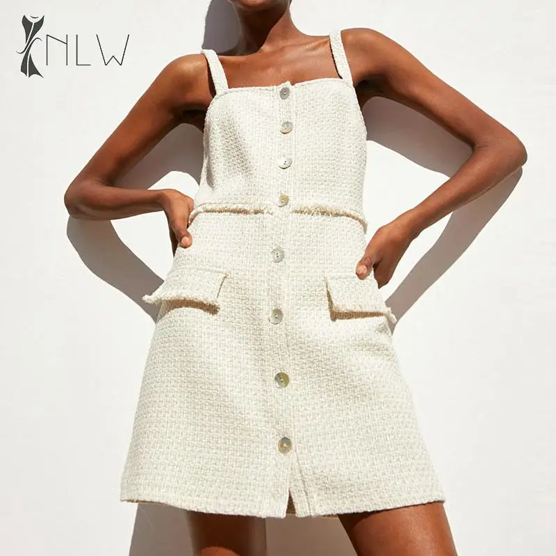 

NLW Tweed Knitted Winter Dress Women Casual Spaghetti Strap Button Short Dress 2019 Fall Spaghetti Strap Fashio Dress Vestidos
