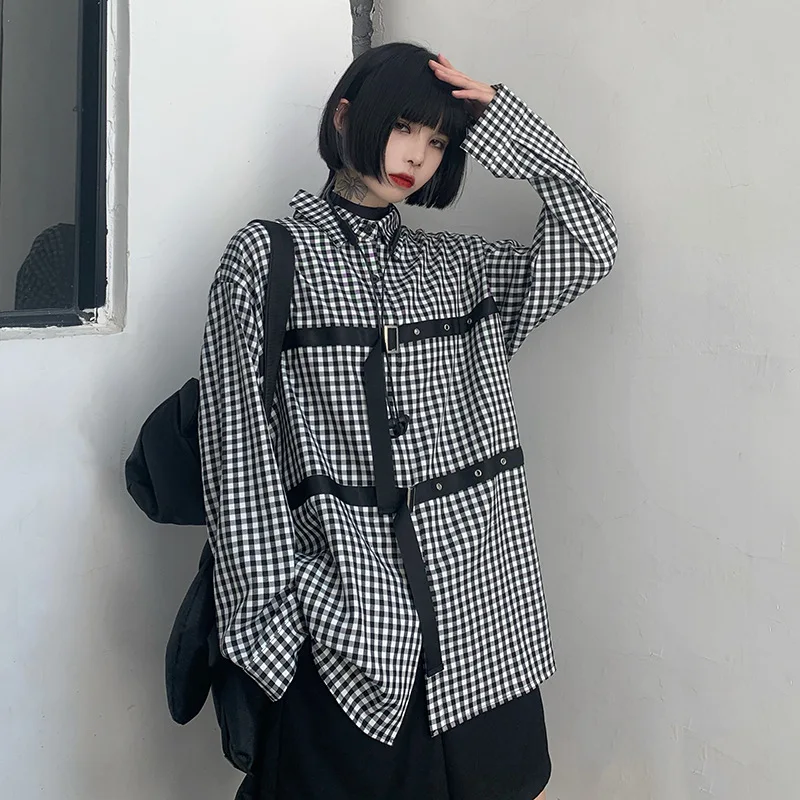 DARK 2020 Autumn Korean Ins Harajuku Style Dark Black And White Plaid Personalized Webbing Design Loose Long-sleeved Shirt