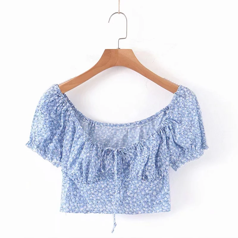 Women blouse chiffon vintage ruffle ladies tops streetwear puff sleeve top elegant floral clothes blue robe vestido vintage top