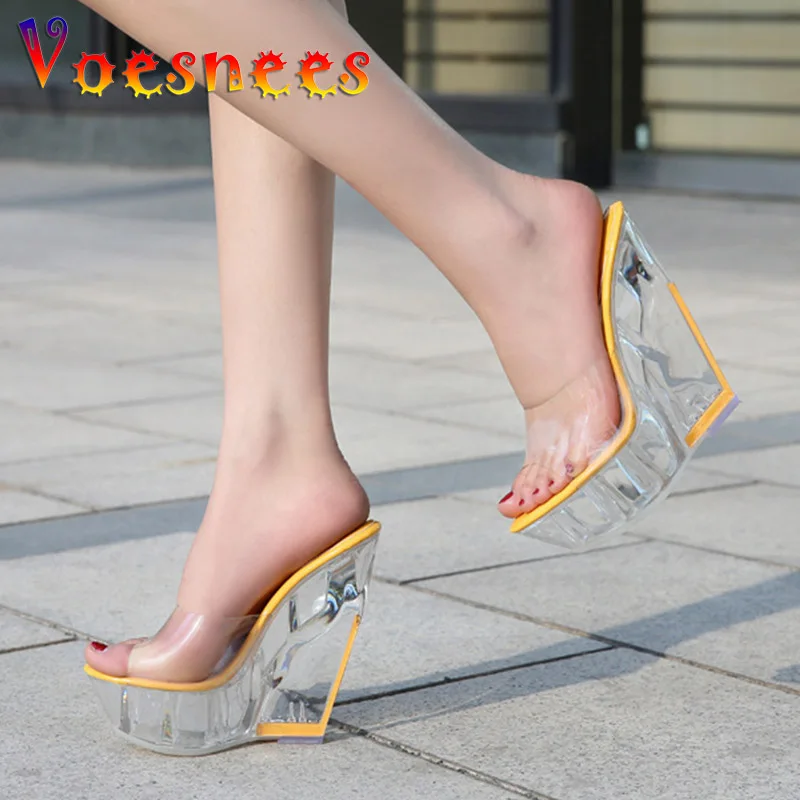 SHANGXIAN Women Platform Wedge Slippers Transparent Sequins Summer Non-Slip Waterproof Beach High Heels Sandals,Red,37
