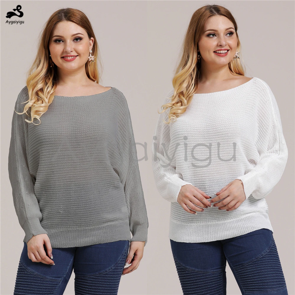 Aygaiyigu Large Big Size Sweaters Women Plus Female Basic Slash Neck Long Batwing Sleeve Simple Knitted Clothing | Женская одежда