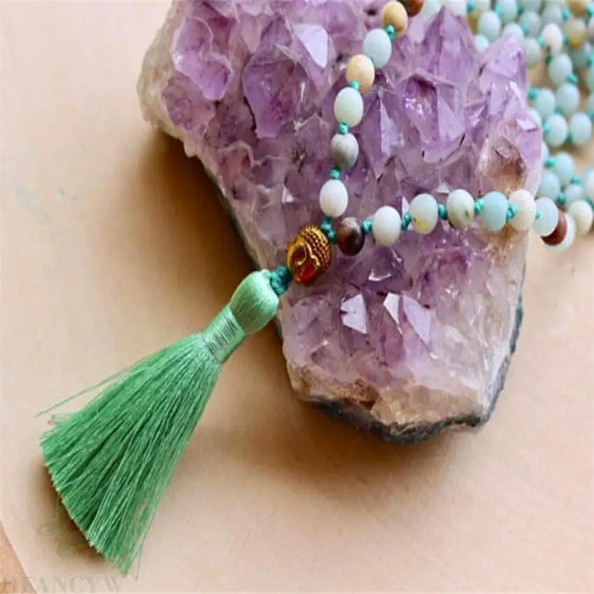 6mm Tianhe Stone 108 Bead Horse Necklace With Knotted Tassels Sutra Energy Meditation Tassel Buddhist Lucky