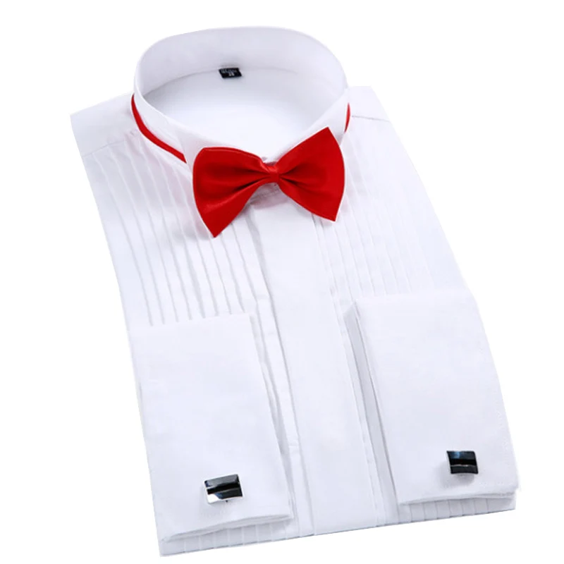 Goede Mannen Franse Manchet Smoking Effen Kleur Wing Tip Kraag Shirt Mannen Lange Mouwen Dress Shirts Formele Bruiloft Bruidegom Party shirts