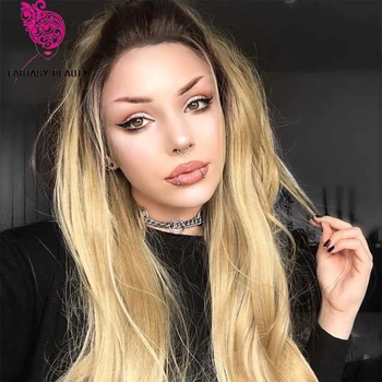 

Fantasy Beauty Black to Blonde Ombre Wig Synthetic Lace Front Wig Heat Friendly Fiber Hair Half Hand Tied Daily Wear Makeup Wig