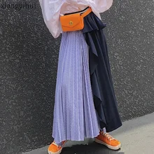 Корейская мода, высокая талия, гофрированная полосатая Тюлевая юбка для женщин, большие размеры, черные, синие, длинные плиссированные юбки, Juper femme, осенняя одежда