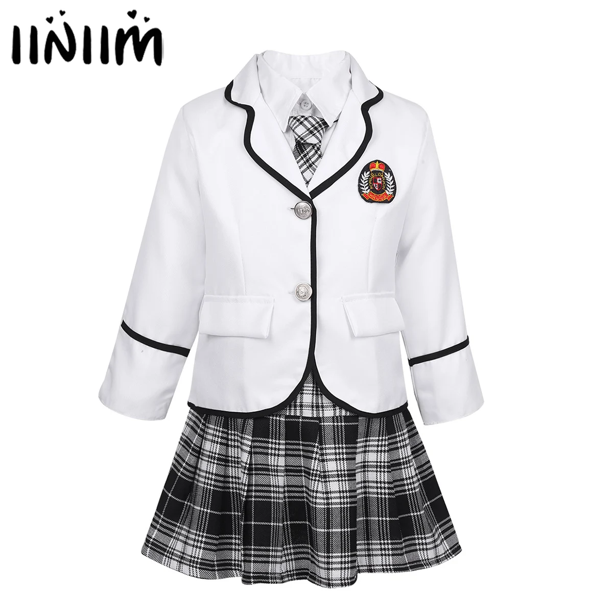 

iiniim Kids Girls British Japanese School Uniform Anime Costume Suit Long Sleeve Coat with Shirt Tie Mini Skirt Student Clothing