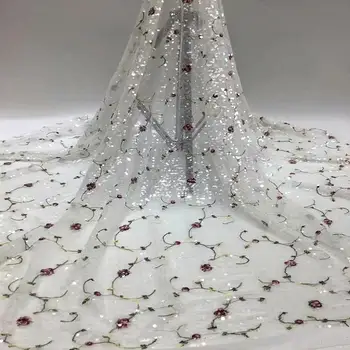 

2020 Latest African Mesh Lace Fabrics With Sequins Embroidered 5Yards White High Qualit Nigerian French Tulle Lace Fabric A-1189