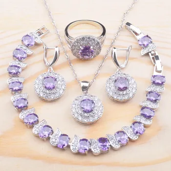 

Amazing Purple Crystal Silver Plated Jewelry Set For Women With Bracelet Necklace Pendant Earrings Ring Free Gift Box