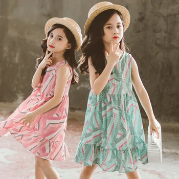 

2020 Summer Kids Dress For Teenage Girls Beach Dresses Green Pink Striped Sleeveless Dress Baby Girl Clothes Fashion Casual