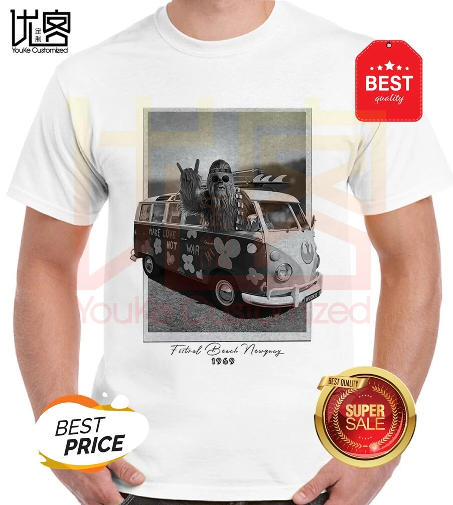 

hippie chewbacca wookie campervan grey premium funny t-shirt newquay star wars men's women's 100% cotton short sleeves tops tee