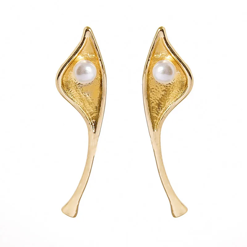 Delicate Metal Leaf Flower Drop Earrings for Women Girl Simple Fashion Jewelry White Pearl Statement Gifts Z3X015 | Украшения и