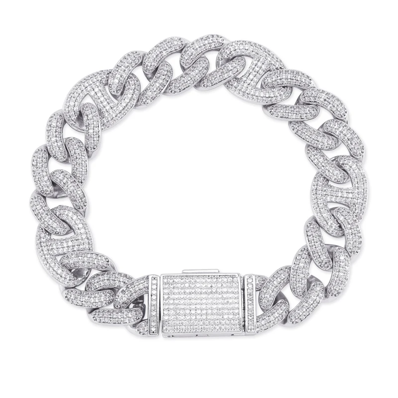 Silver GUCY 7-9 Inch Lock Clasp 14mm Heavy Iced Out Cuban Bracelet Chains Cubic Zircon Link Hip Hop Rock Jewelry For Men Women - Окраска металла: Silver