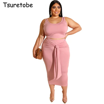 

Tsuretobe Plus Size Bandage Tight Two Piece Set Sleeveless Women Casual Tank Crop Top And High Waist Tight Midi Skirts Set