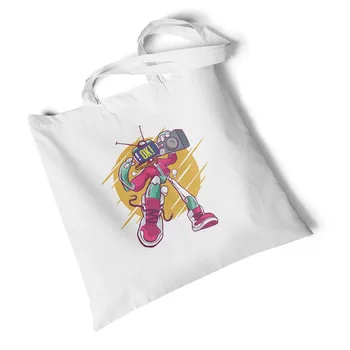

Focal20 Streetwear Robot Printed White Canvas Bag Storage Reusable Original Handbag Foldable Large Shoulder Bag Travel Bag