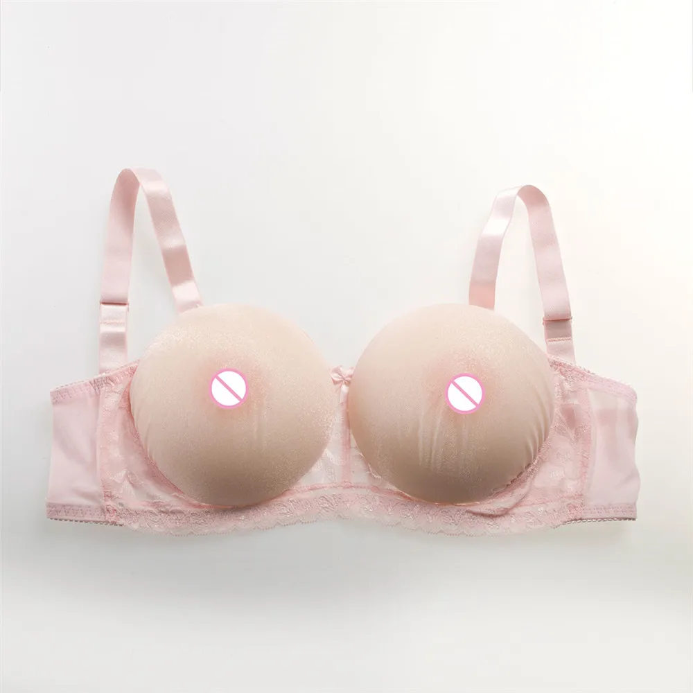 1000g/pair Round Beige Silicone Boobs+Sexy Pink Transparent Lace Pocket Bra) Shemale Artificial Breast With Bra Set