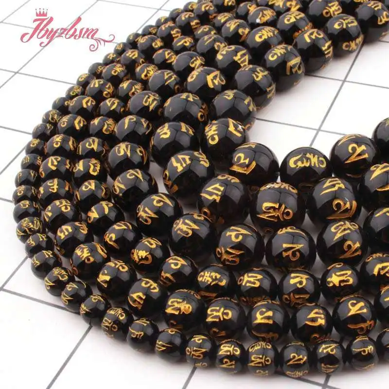 

Natural Round Carved Mantra Tibetan Agates Black Loose 6/8/10MM Stone Beads For Necklace Bracelet DIY Jewelry Making Strand 15"