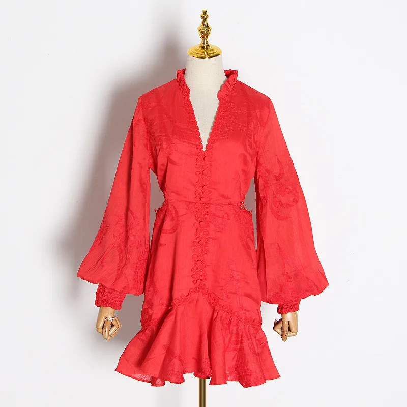 Европейское подиумное дизайнерское женское платье винтажное мини-платье с v-образным вырезом и длинным рукавом-фонариком белое/черное кружевное платье с вышивкой - Цвет: Красный