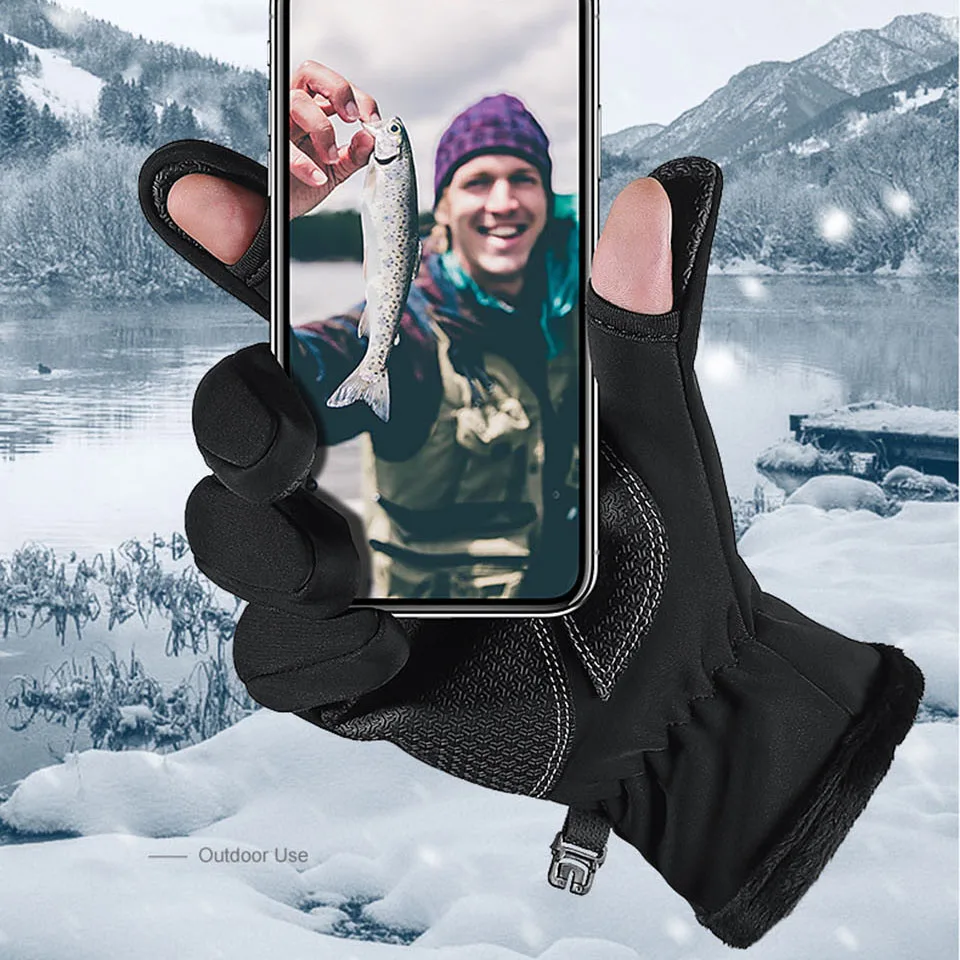 Fishing Gloves Winter Fishing Gloves 2 Finger Flip Fingerless Non-slip Waterproof Warm Winter for Fishing Cycling Running