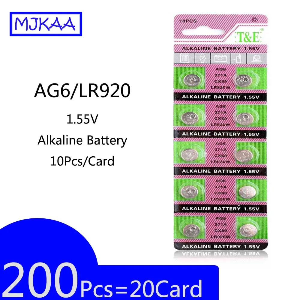 

200Pcs=20Card AG6 SR920SW 1.5V 371 D371 605 SR69 1.55V Alkaline Coin Cell Button Battery For Watch Button Battery
