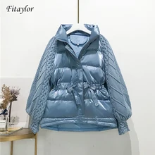 Fitaylor, новинка, зимняя куртка, для женщин, вязаный пуховик, на молнии, белый утиный пух, короткая куртка, для женщин, для снега, теплое пальто