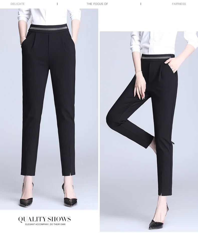 Black Stretch Pencil Pants for Women Fashion Office Work Elegant Trousers New Casual Loose Thin Korean Pocket Ankle-Length Pants