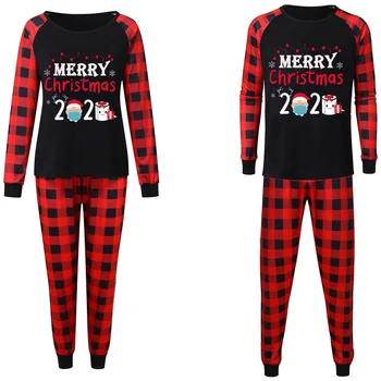 

2020 New Christmas Pajamas 2 Piece Set Xmas Family Matching Adult Sleepwear Father Mother Santa Print Plaid Nightwear Homewear