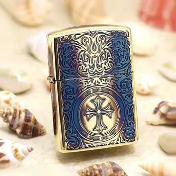 

Genuine Zippo oil lighter copper windproof Burn gold Cross cigarette Kerosene lighters Gift With anti-counterfeiting code