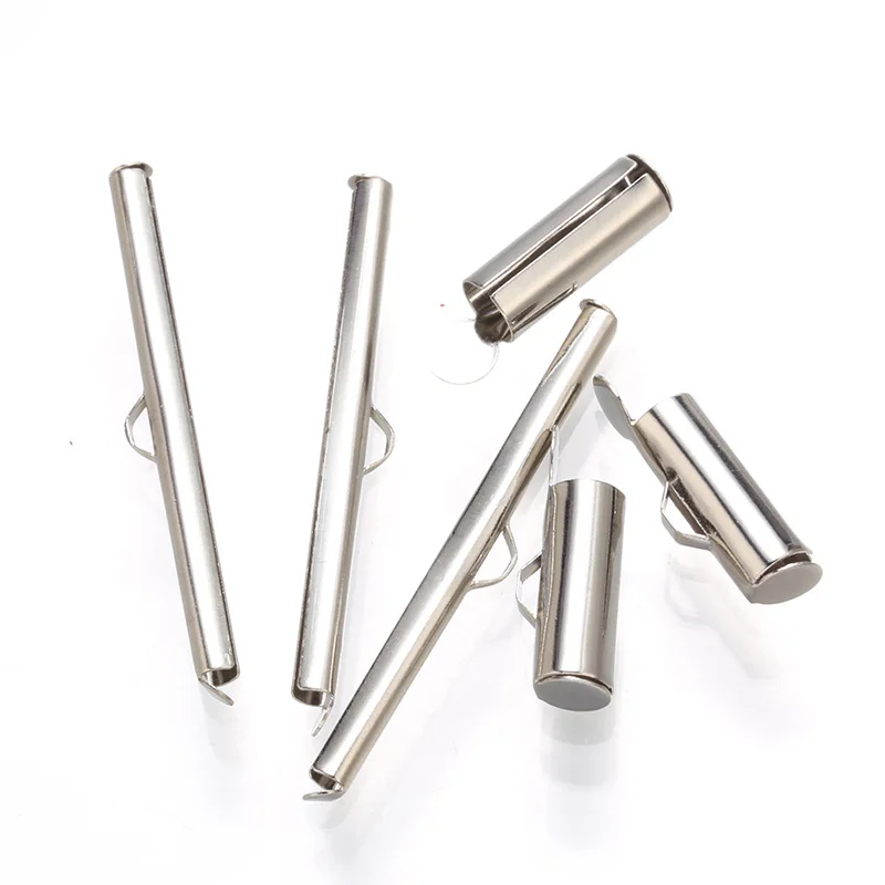 

50pcs/lot rhodium straight Slide On End Clasp Tube Sliders End Caps Connector Clasps Buckles for Beadwork Cylinder