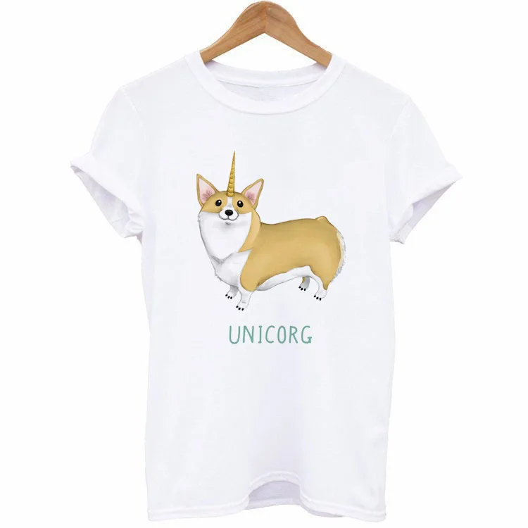 

Short Sleeve Tee for Girls New Summer Cute Unicorn T Shirts Women Funny Corgi Dog Unicorg Letter Printed White Tops