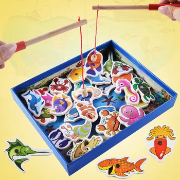 

Wooden Magnetic Fishing Toys Set 32pcs Fishes Board with 2pcs Wood Pole for Toddler Kids Educational Development