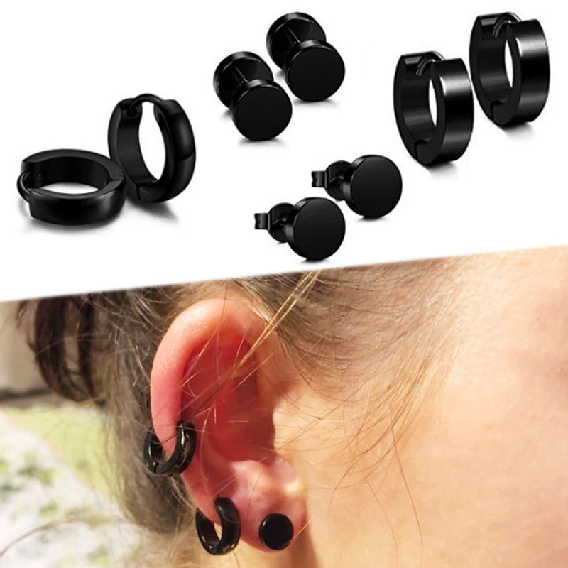 

4 Pairs/Set Stainless Steel Punk Barbell Earring Gothic Stud Earring For Women Men Piercing Black Color Different Types Shape