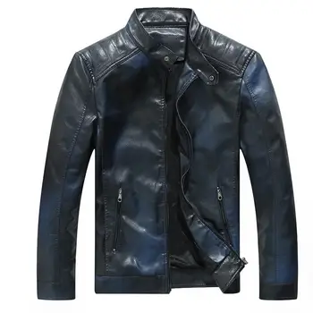 

Men Stand Collar Gradient Color Zip Faux Leather Motorcycle Jacket Coat Outwear