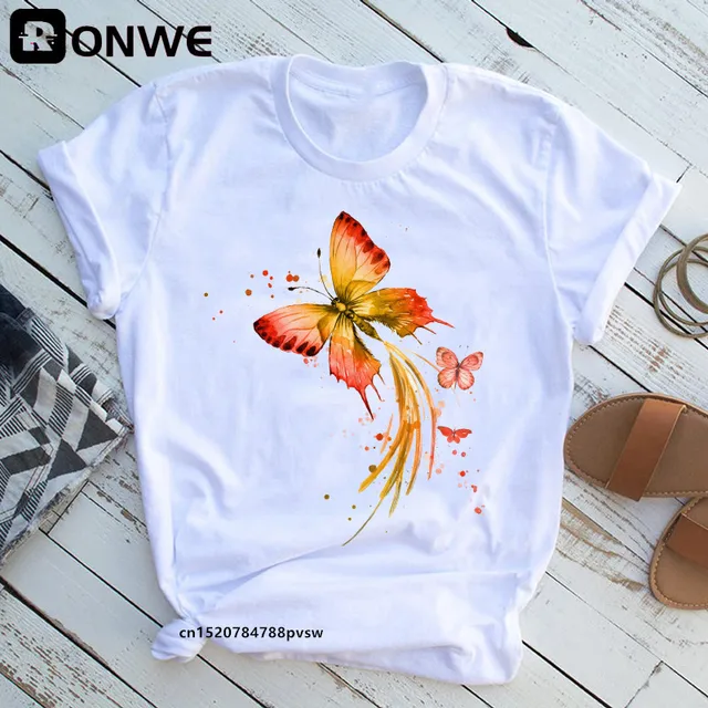 Woman Butterfly Tree Print Harajuku Summer Tshirts Casual Round Neck Short Slee Top Tee Shirt,Drop Ship B2021-17