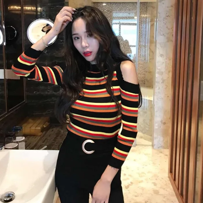 

Fashion Set Early Autumn Hong Kong Flavor off-Shoulder Stripes Slim Fit Sweater + Gold Buckle High-waisted Giant Slimming Skinny