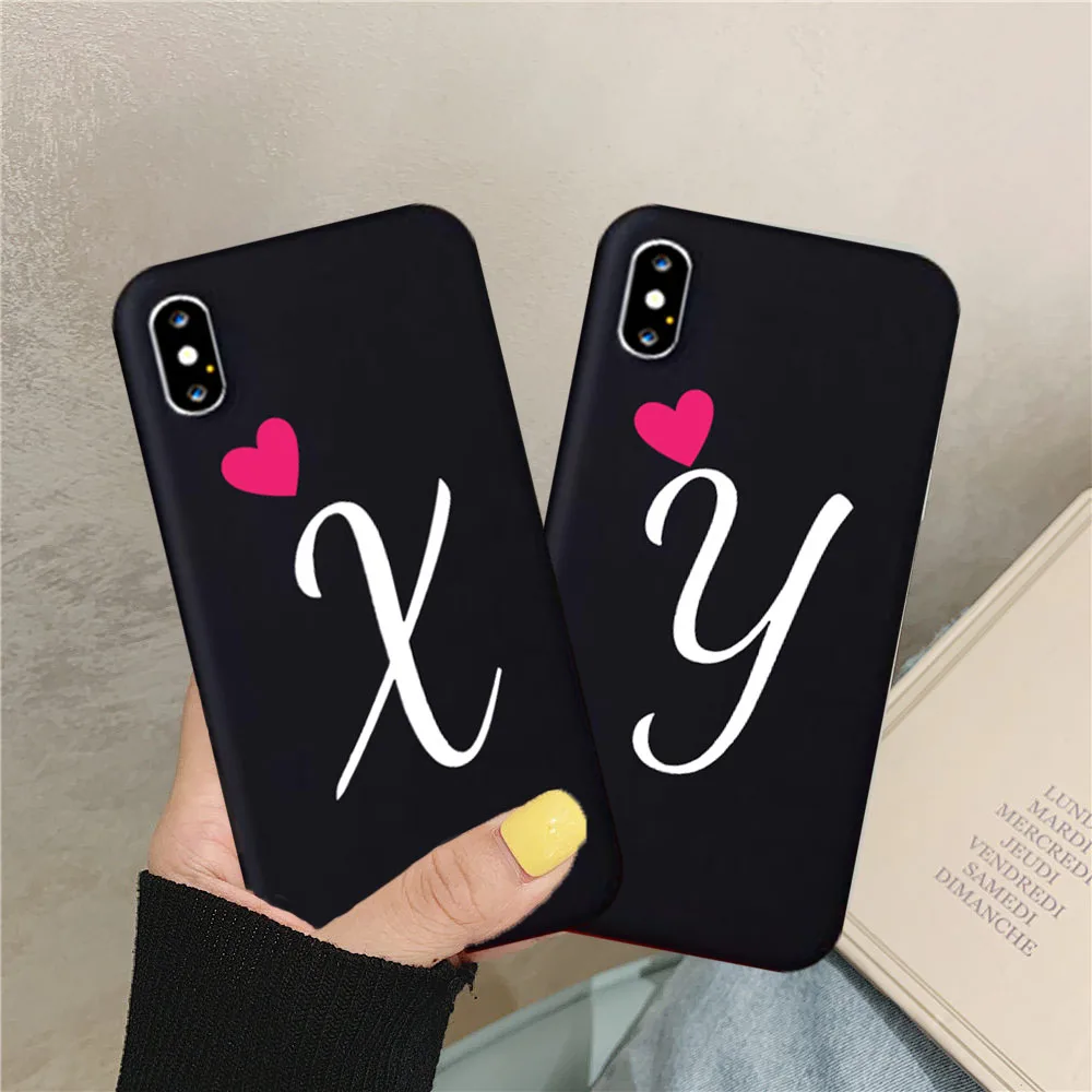 Love Heart Soft Silicone Black Couple Phone Case with Letters A B C D